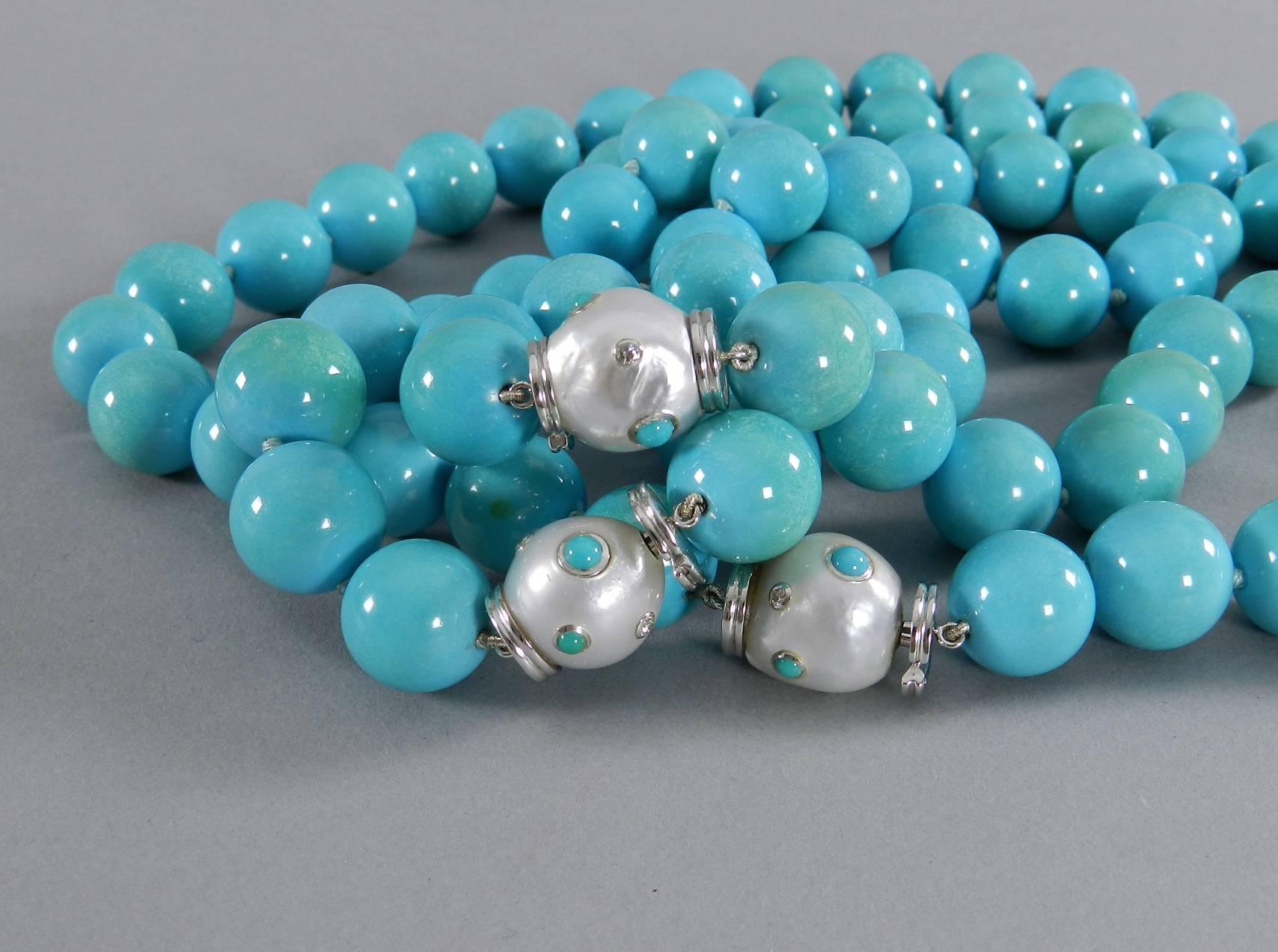 Trianon Set of Three Turquoise Bead Necklaces with Pearl  and Gold Clasp 3