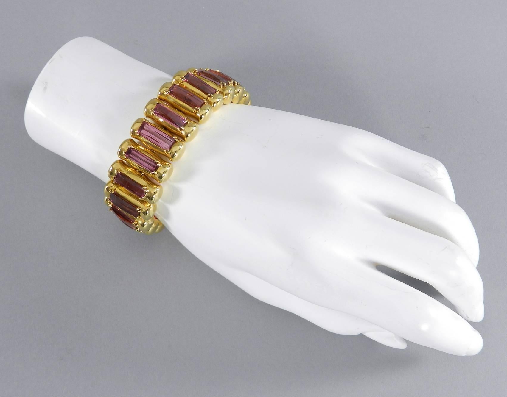 Tony Duquette 18k yellow gold and amethyst link bracelet. Circa 1999. Warm pinkish purple amethysts. Signed Tony Duquette 18k. Bracelet measures 7