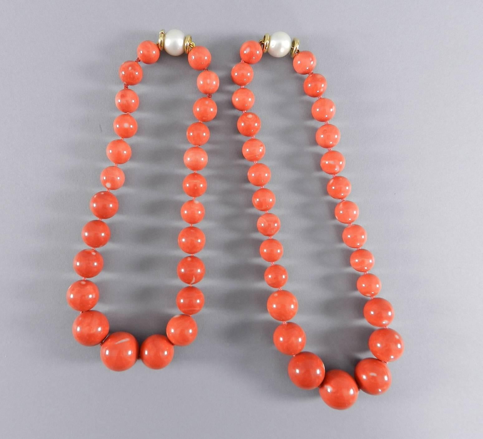Trianon Set of Two Coral Bead Necklaces with Pearl Gold Clasps 1