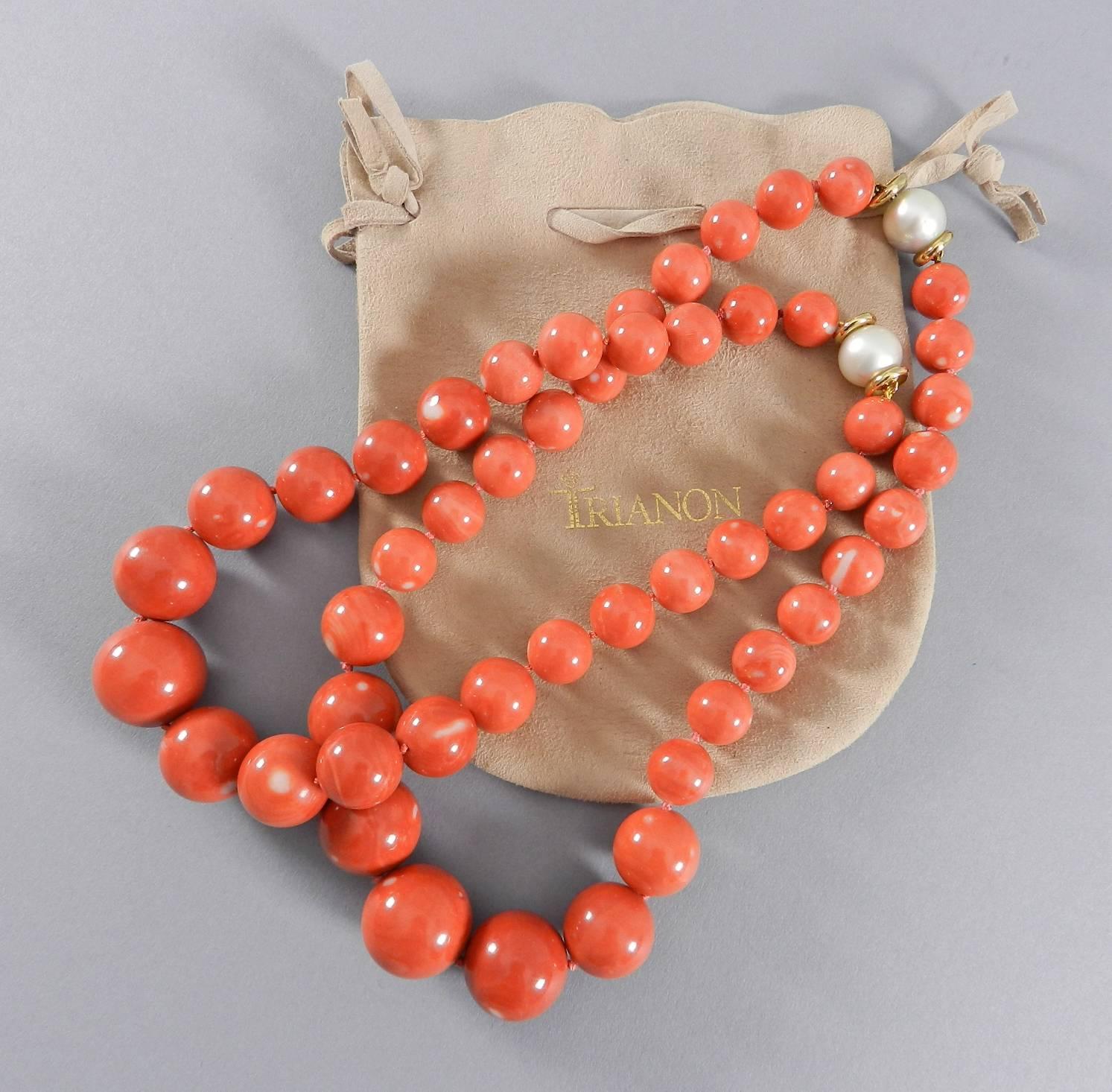 Women's Trianon Set of Two Coral Bead Necklaces with Pearl Gold Clasps