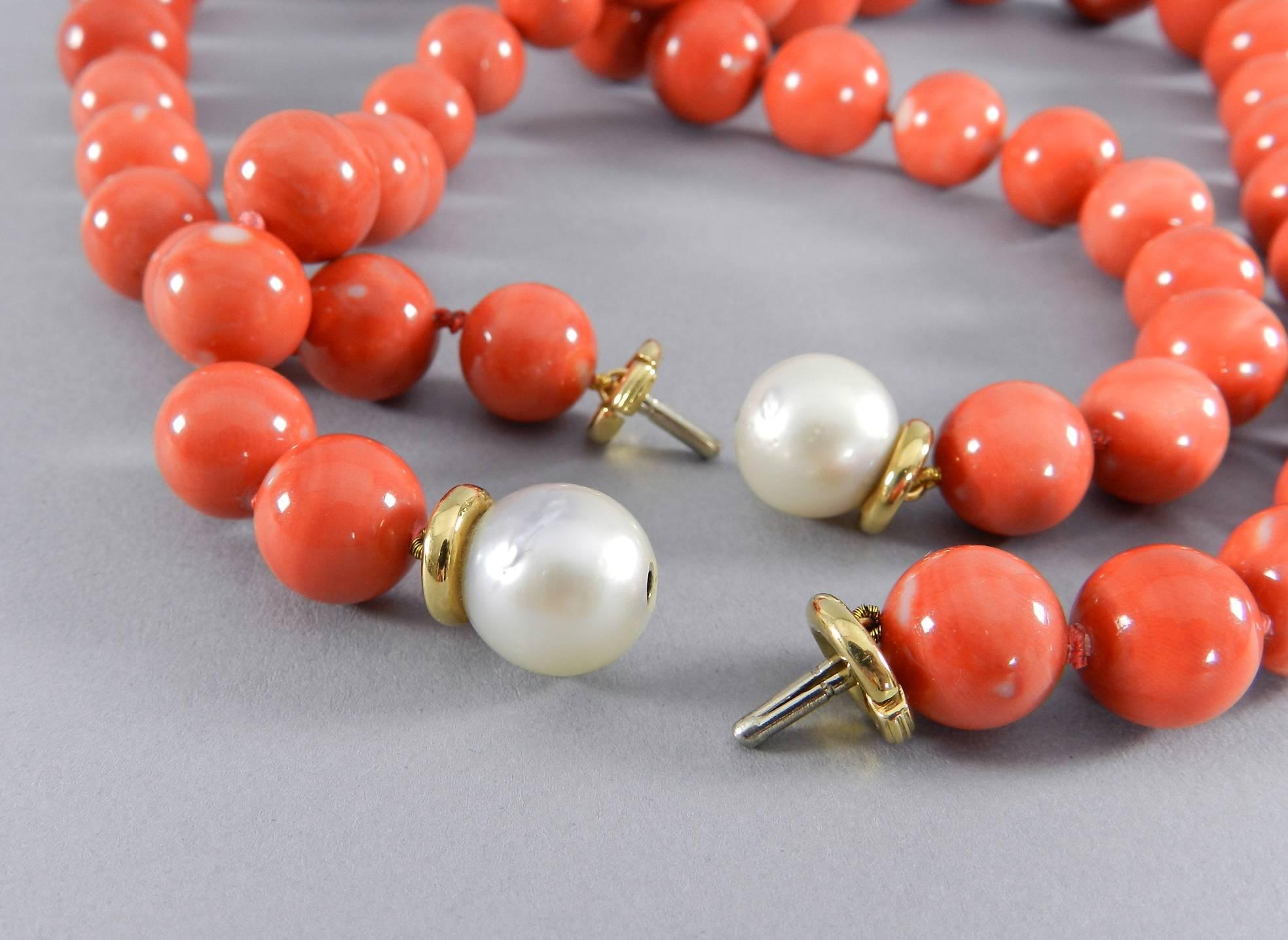 Trianon Set of Two Coral Bead Necklaces with Pearl Gold Clasps 2