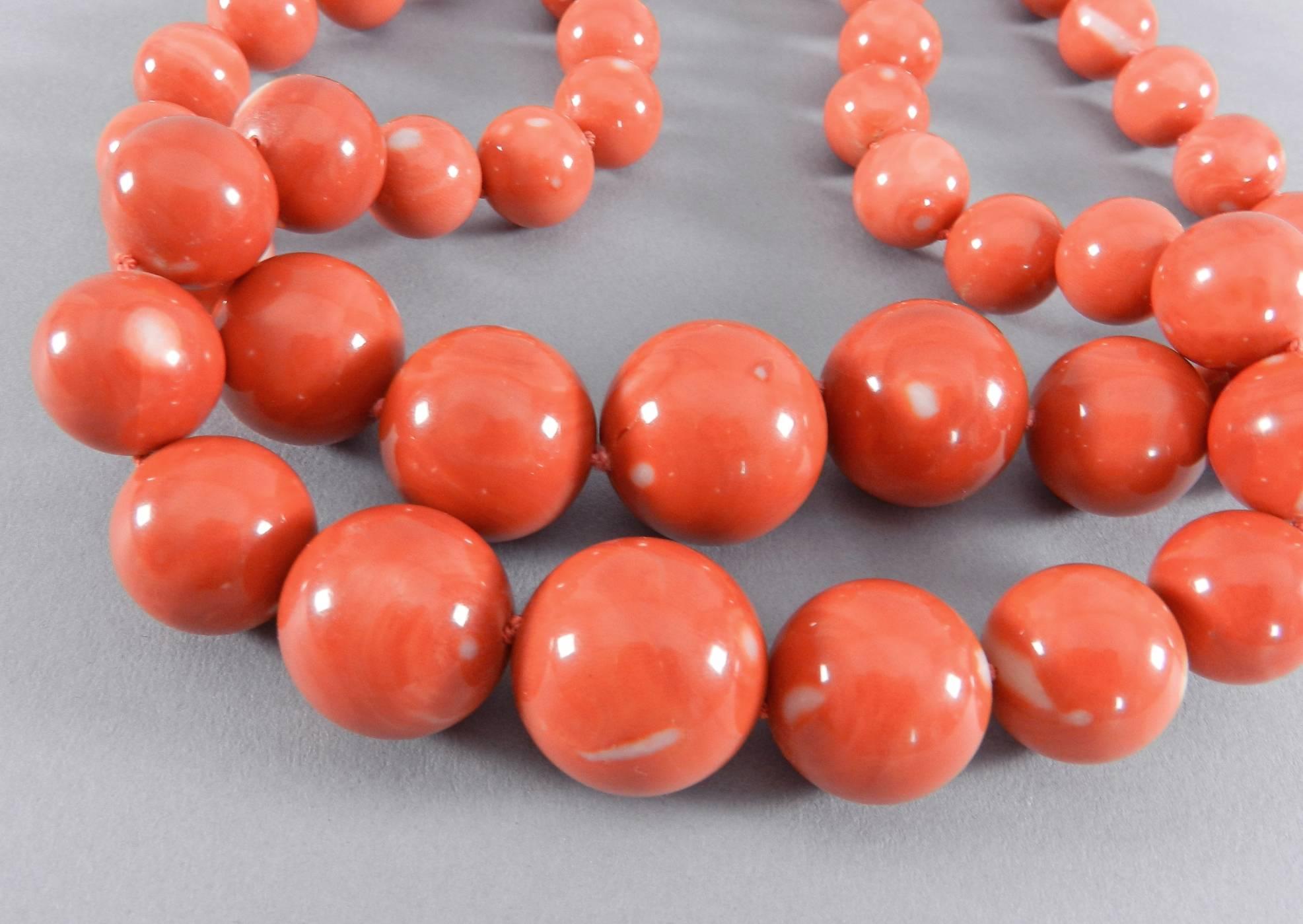 Trianon Set of Two Coral Bead Necklaces with Pearl Gold Clasps 3