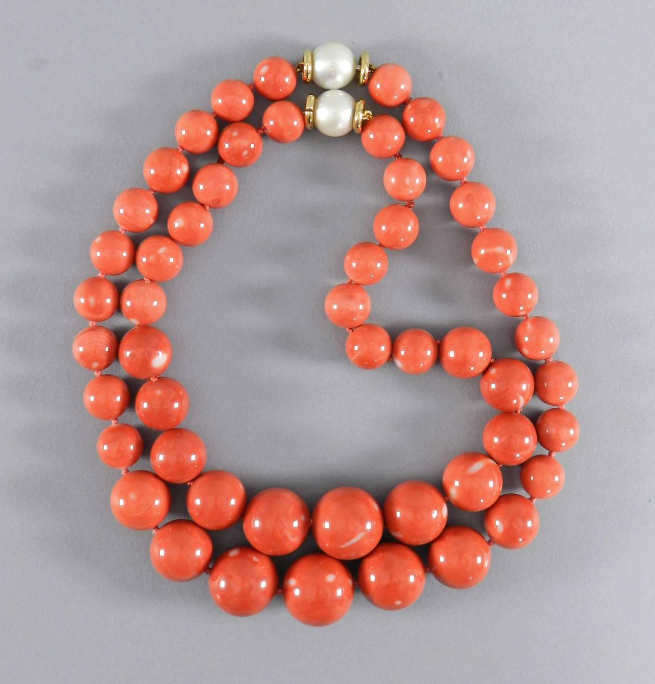 Trianon Set of Two Coral Bead Necklaces with Pearl Gold Clasps 4