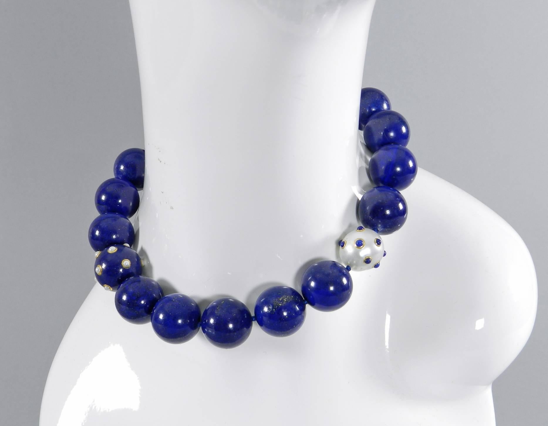 Angela Cummings lapis lazuli and pearl beaded choker necklace. Unsigned but original owner had this custom made by Angela Cummings and was a major client. Circa 2001. 18 lapis beads measuring 19mm including one inlaid with pearl and 18k gold.  1