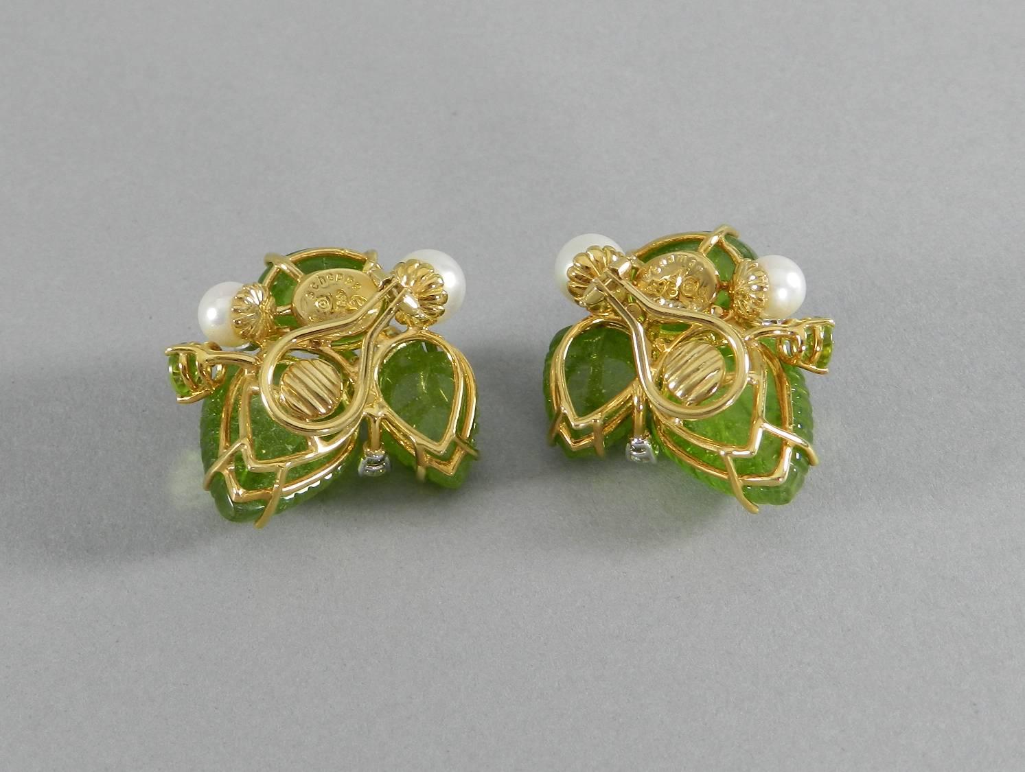 Seaman Schepps Peridot Bubble Diamonds Yellow Gold Cluster Leaf Earrings 3