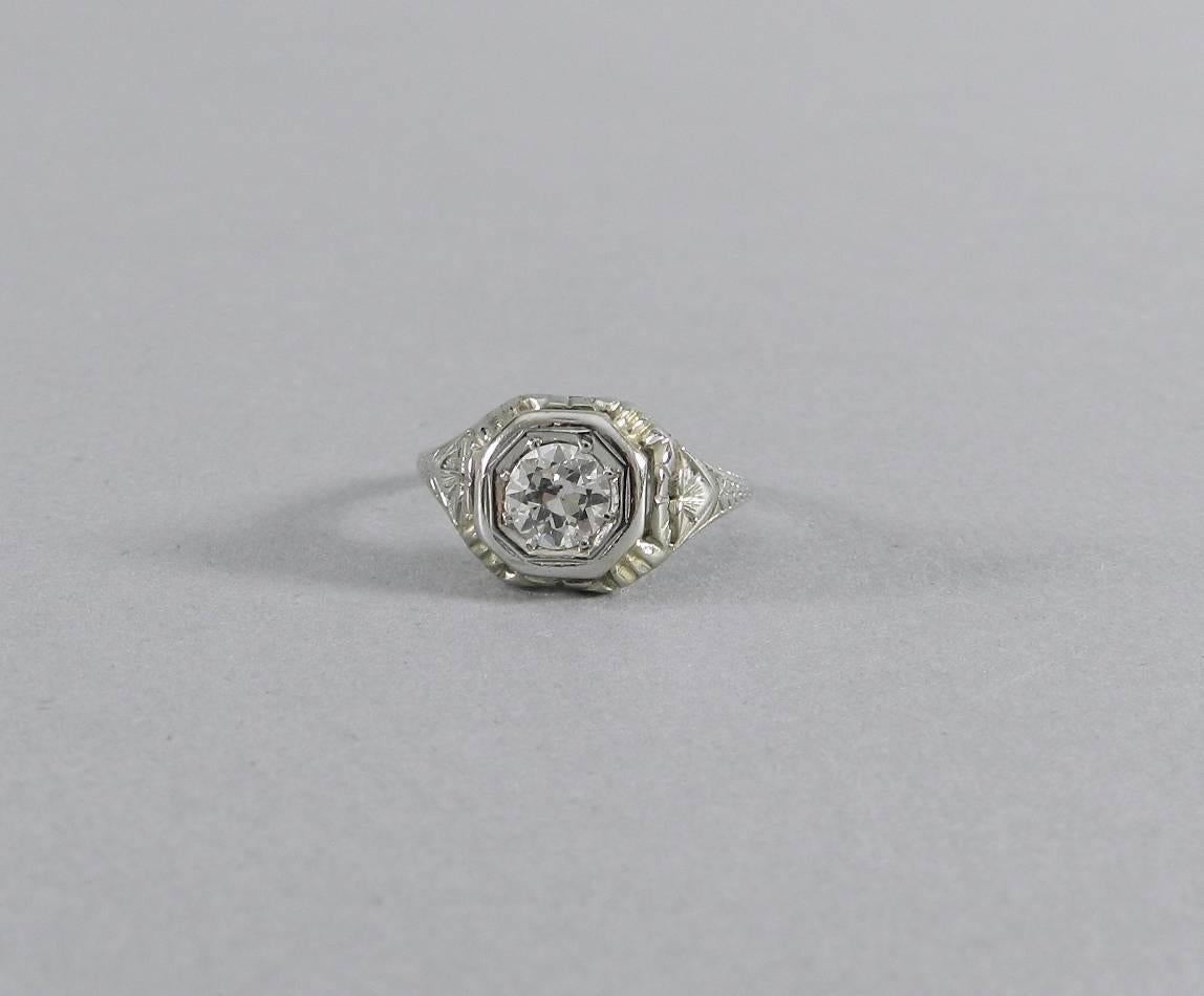Women's Art Deco 1920s White Gold European Cut Diamond Engagement Ring