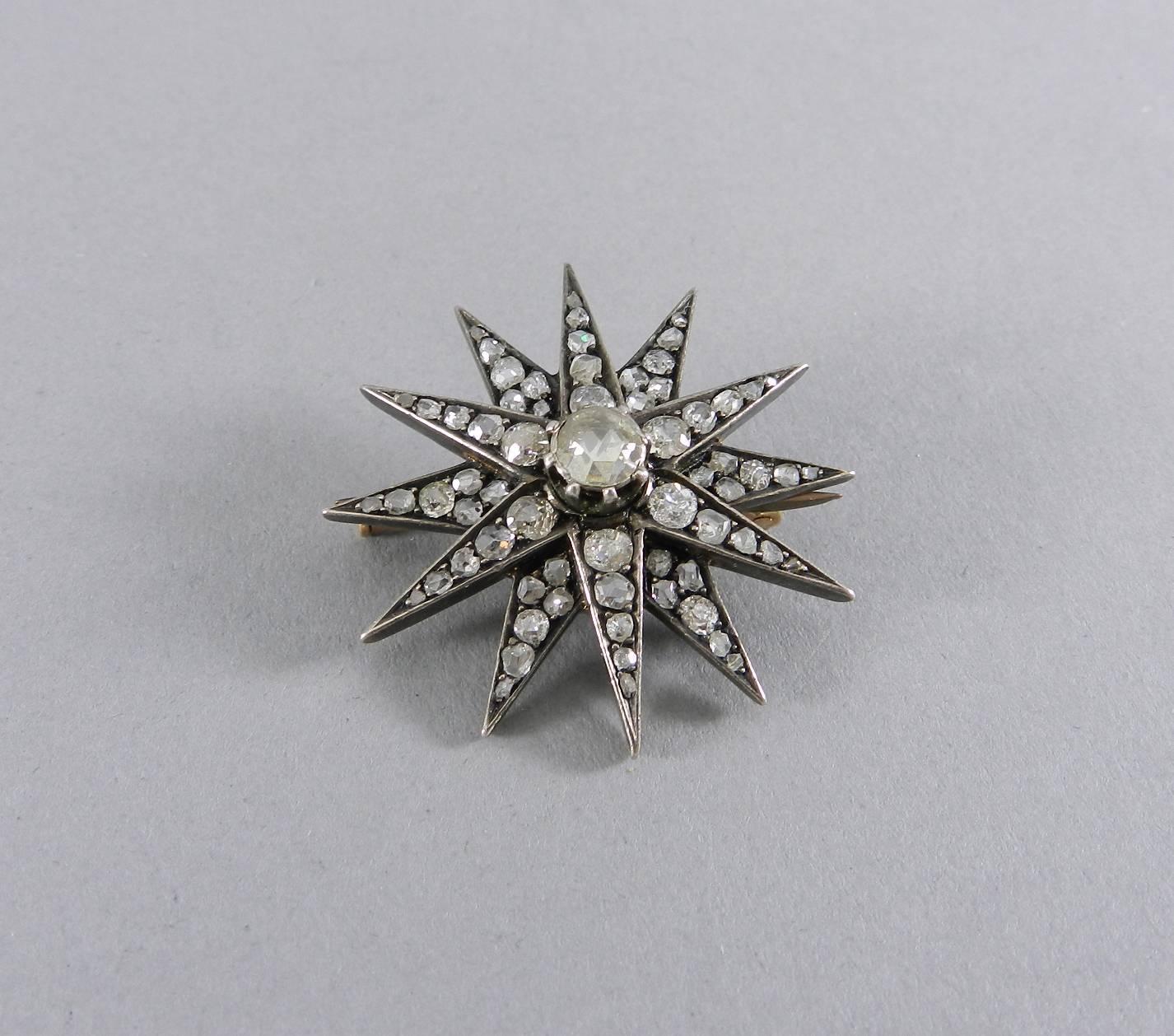 Antique Victorian Rose Cut Diamond and Gold Star Brooch Pin 1