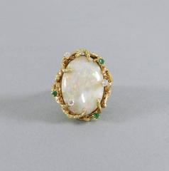 1970s Organic Opal Diamond Emerald Gold Modernist Cocktail Ring