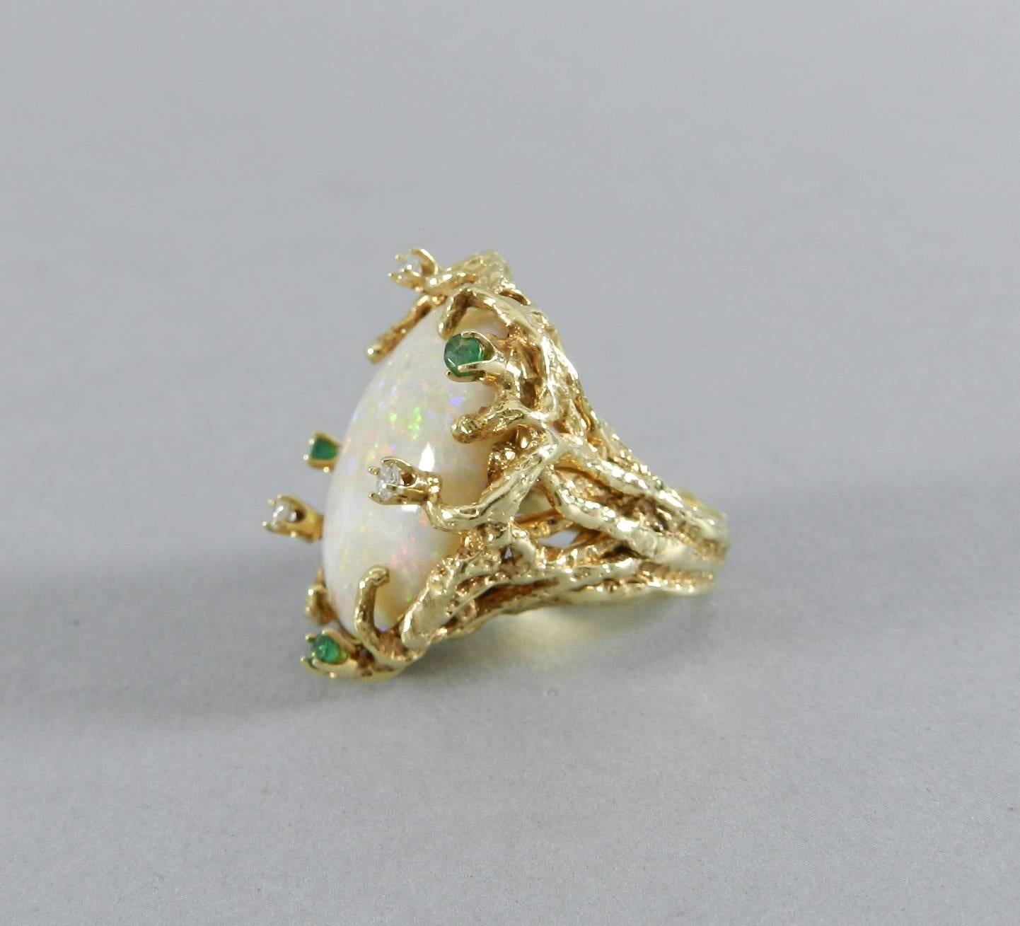 1970s Organic Opal Diamond Emerald Gold Modernist Cocktail Ring In Excellent Condition In Toronto, Ontario
