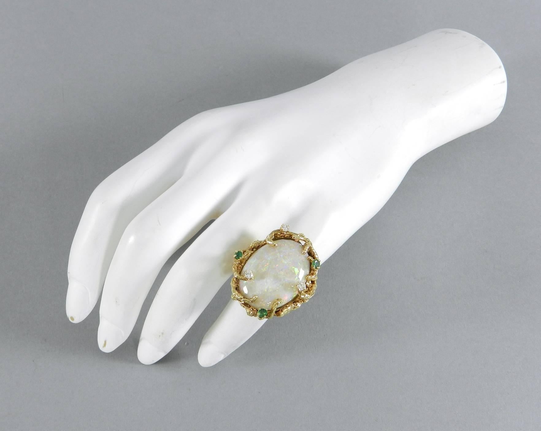 Women's 1970s Organic Opal Diamond Emerald Gold Modernist Cocktail Ring