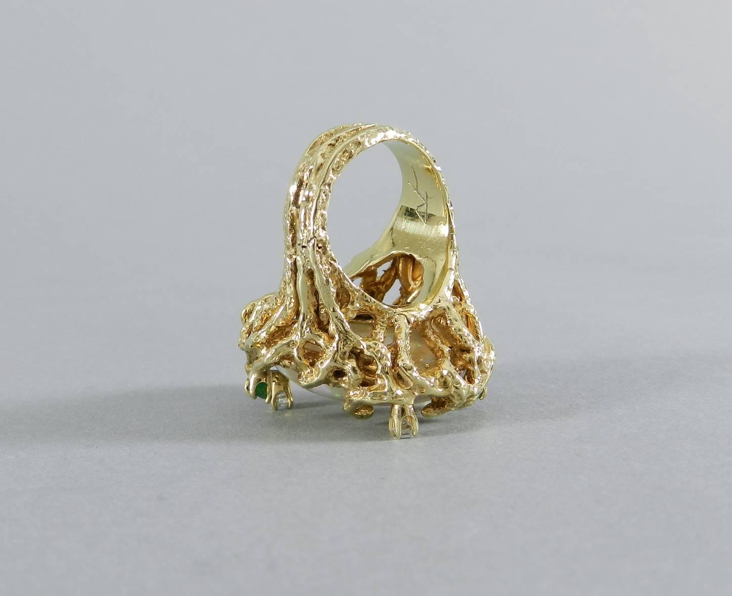 1970s Organic Opal Diamond Emerald Gold Modernist Cocktail Ring 1