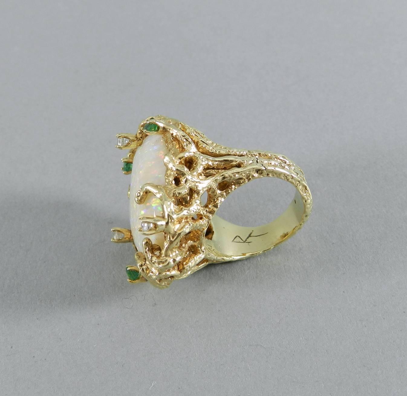 1970s Organic Opal Diamond Emerald Gold Modernist Cocktail Ring 2