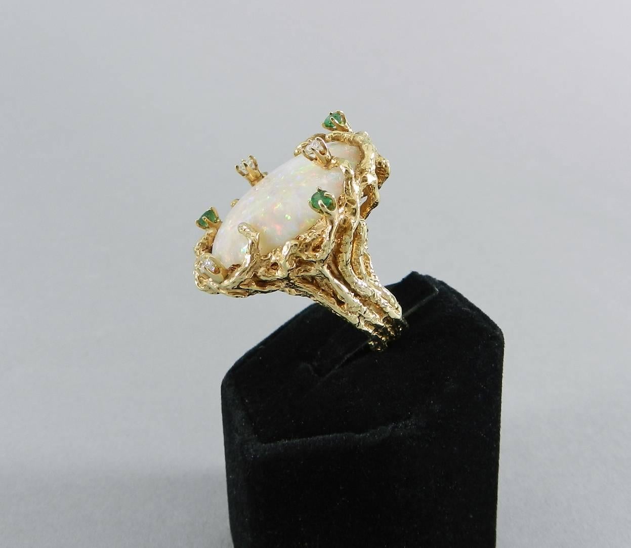 1970s Organic Opal Diamond Emerald Gold Modernist Cocktail Ring 3