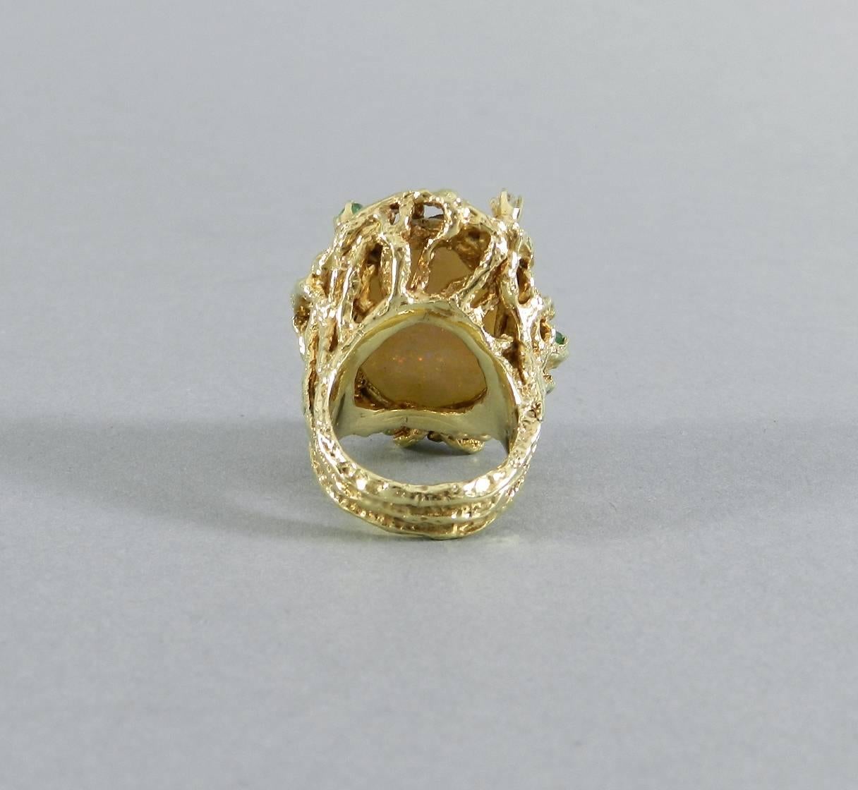 1970s Organic Opal Diamond Emerald Gold Modernist Cocktail Ring 4