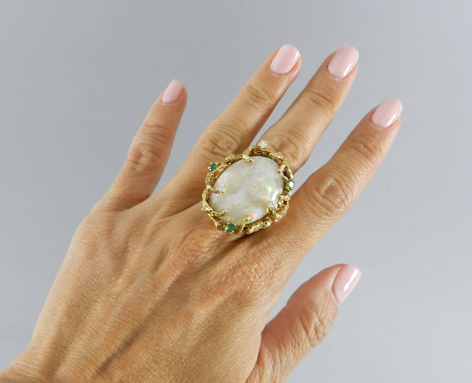 1970s Organic Opal Diamond Emerald Gold Modernist Cocktail Ring 5