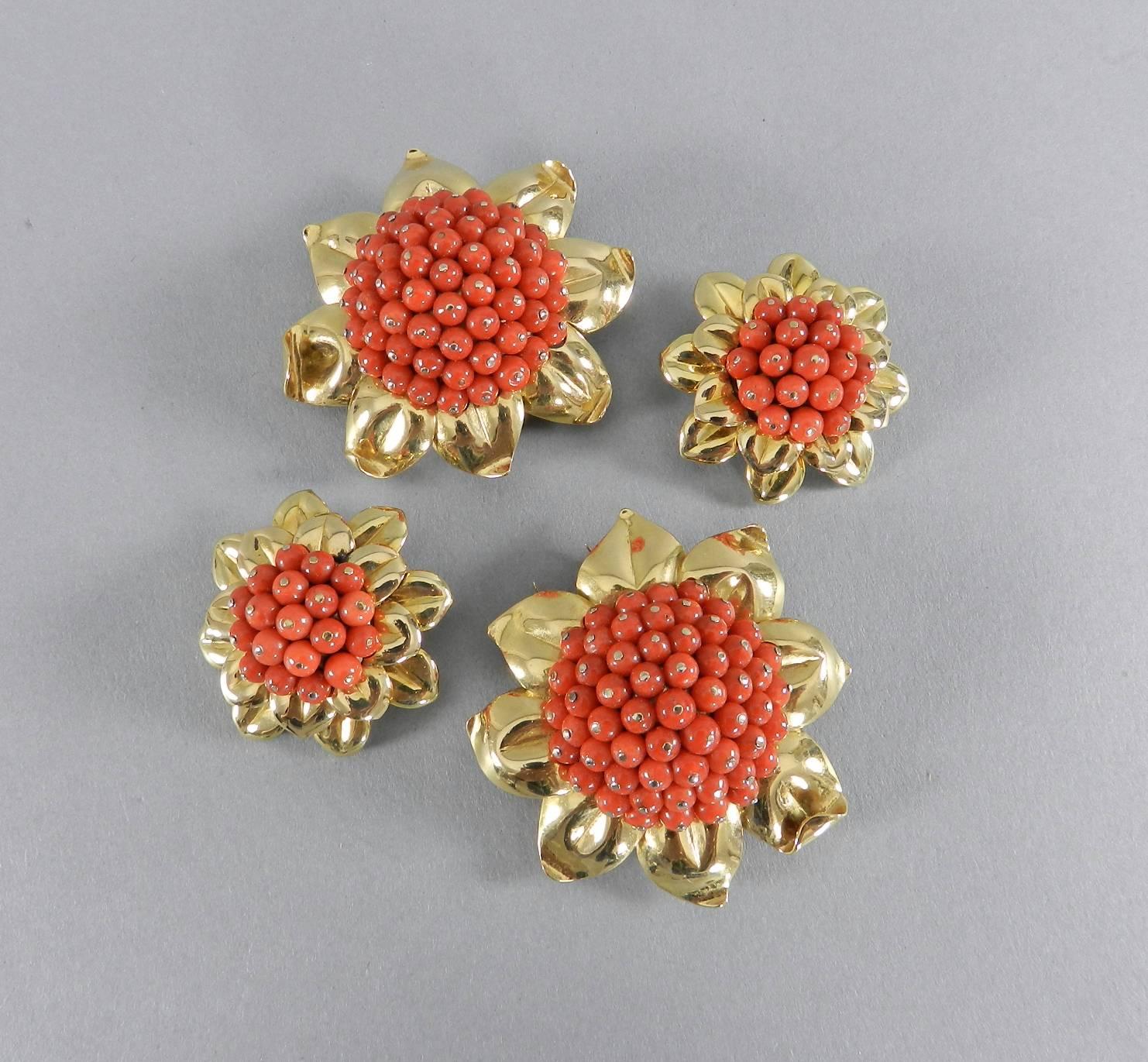 1950s Coral Gold Bead Flower Dress Clips and Earrings Set 2