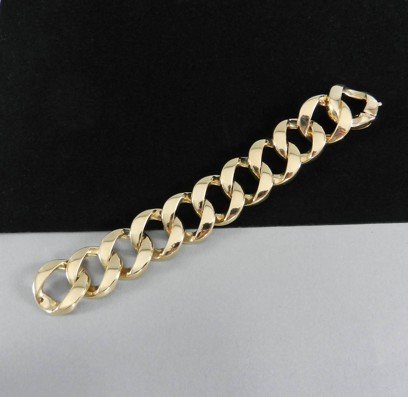 Verdura rare extra large heavy curb link chain bracelet in 14k yellow gold. Classic design originally created for Greta Garbo in the late 1930s.  11 links, 1" wide, interior circumference of 7".  Total weight 136.2 grams. Hallmarked