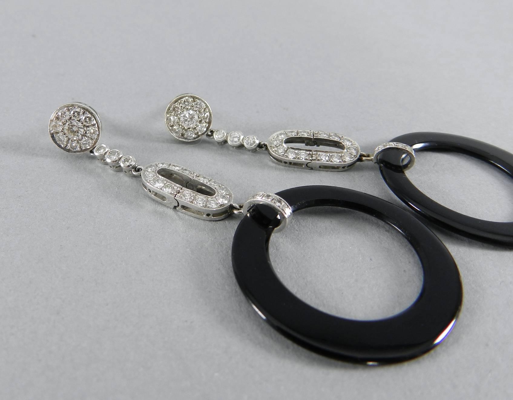 1920s Art Deco White Gold, Diamond, Onyx Drop Earrings 1