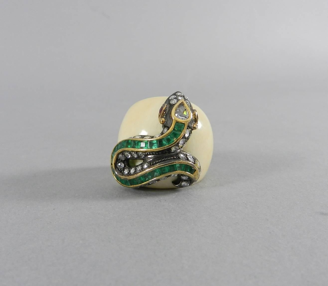 Lotus Arts De Vivre Rose Cut Diamond Emerald Ruby Bone Snake Statement Ring In Excellent Condition In Toronto, Ontario
