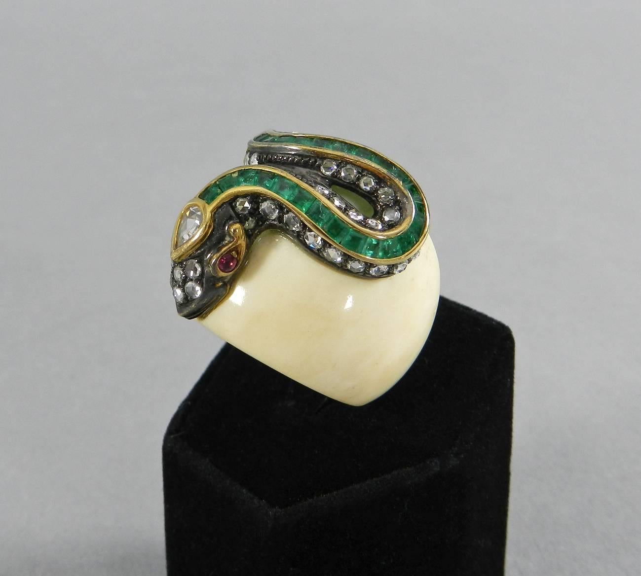 Women's Lotus Arts De Vivre Rose Cut Diamond Emerald Ruby Bone Snake Statement Ring