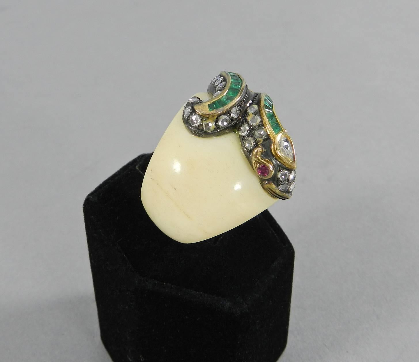 Lotus Arts De Vivre Rose Cut Diamond Emerald Ruby Bone Snake Statement Ring 1