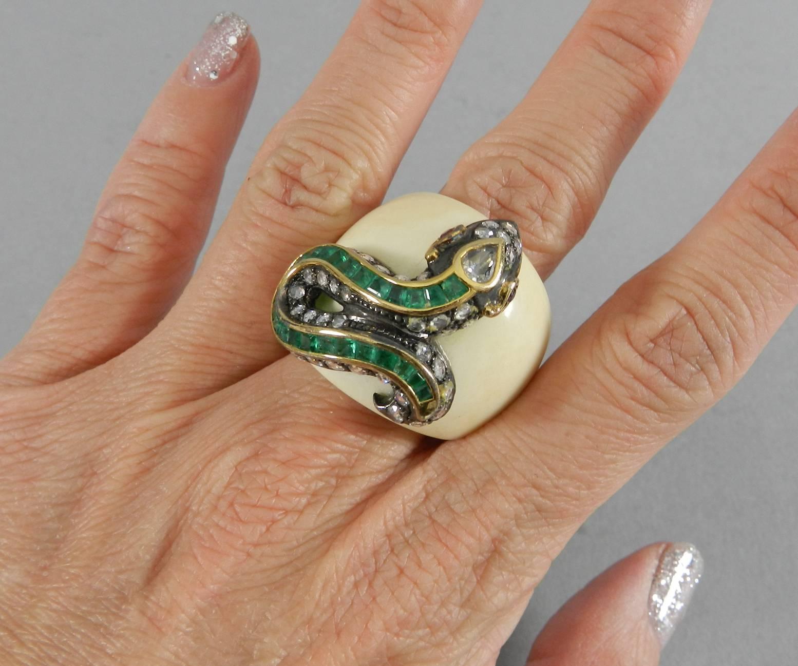 Lotus Arts De Vivre Rose Cut Diamond Emerald Ruby Bone Snake Statement Ring 2