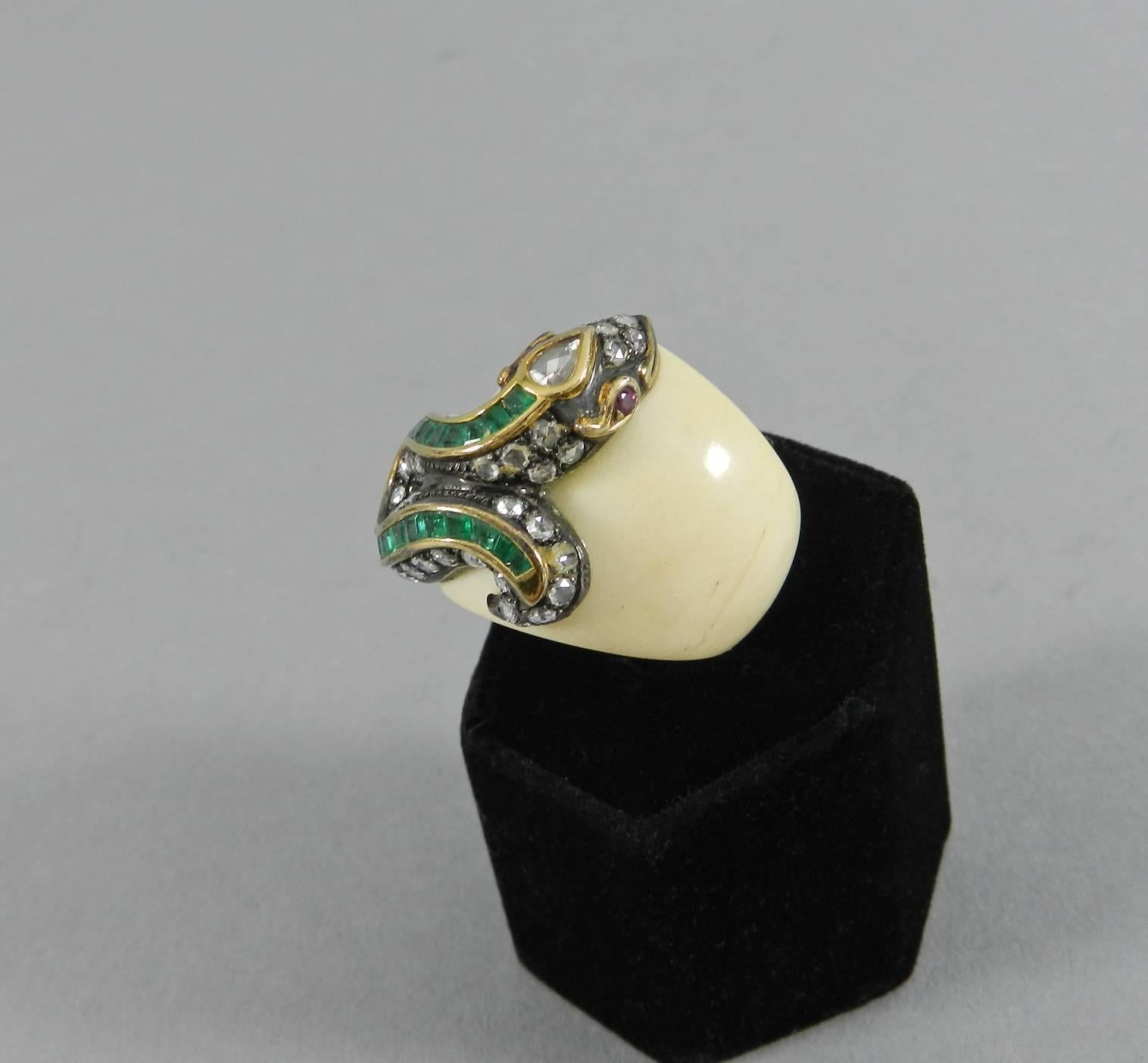 Lotus Arts De Vivre Rose Cut Diamond Emerald Ruby Bone Snake Statement Ring 3