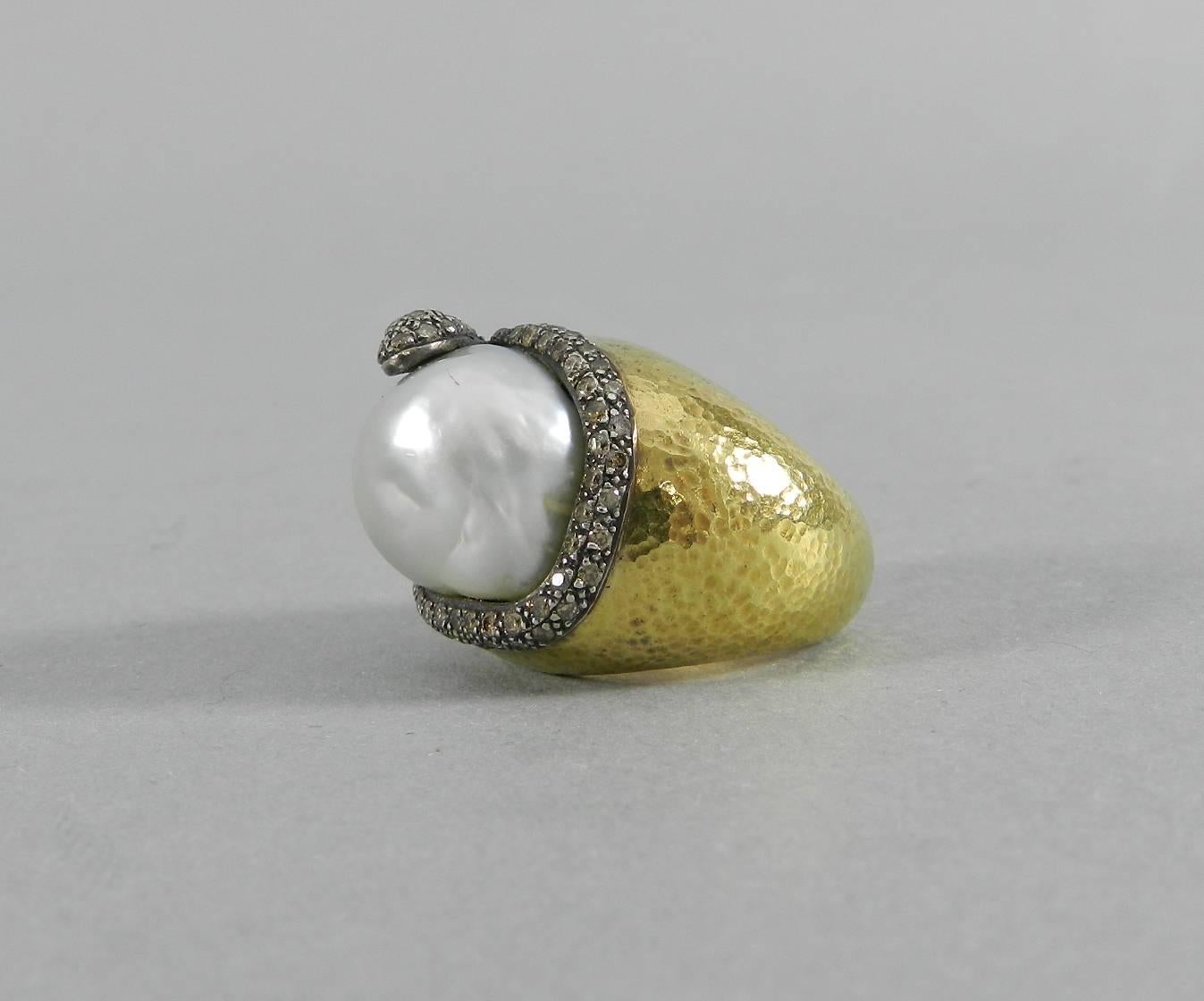 Women's 18 Karat Gold Baroque South Sea Pearl Diamond Snake Ring For Sale
