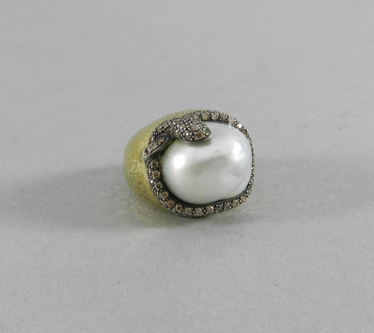 18 Karat Gold Baroque South Sea Pearl Diamond Snake Ring For Sale 1