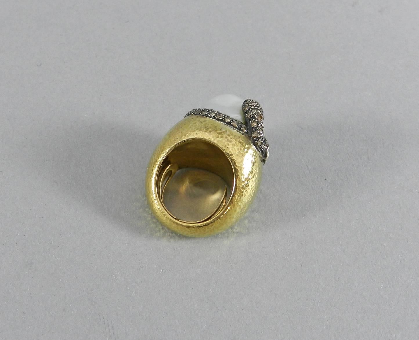 18 Karat Gold Baroque South Sea Pearl Diamond Snake Ring For Sale 2