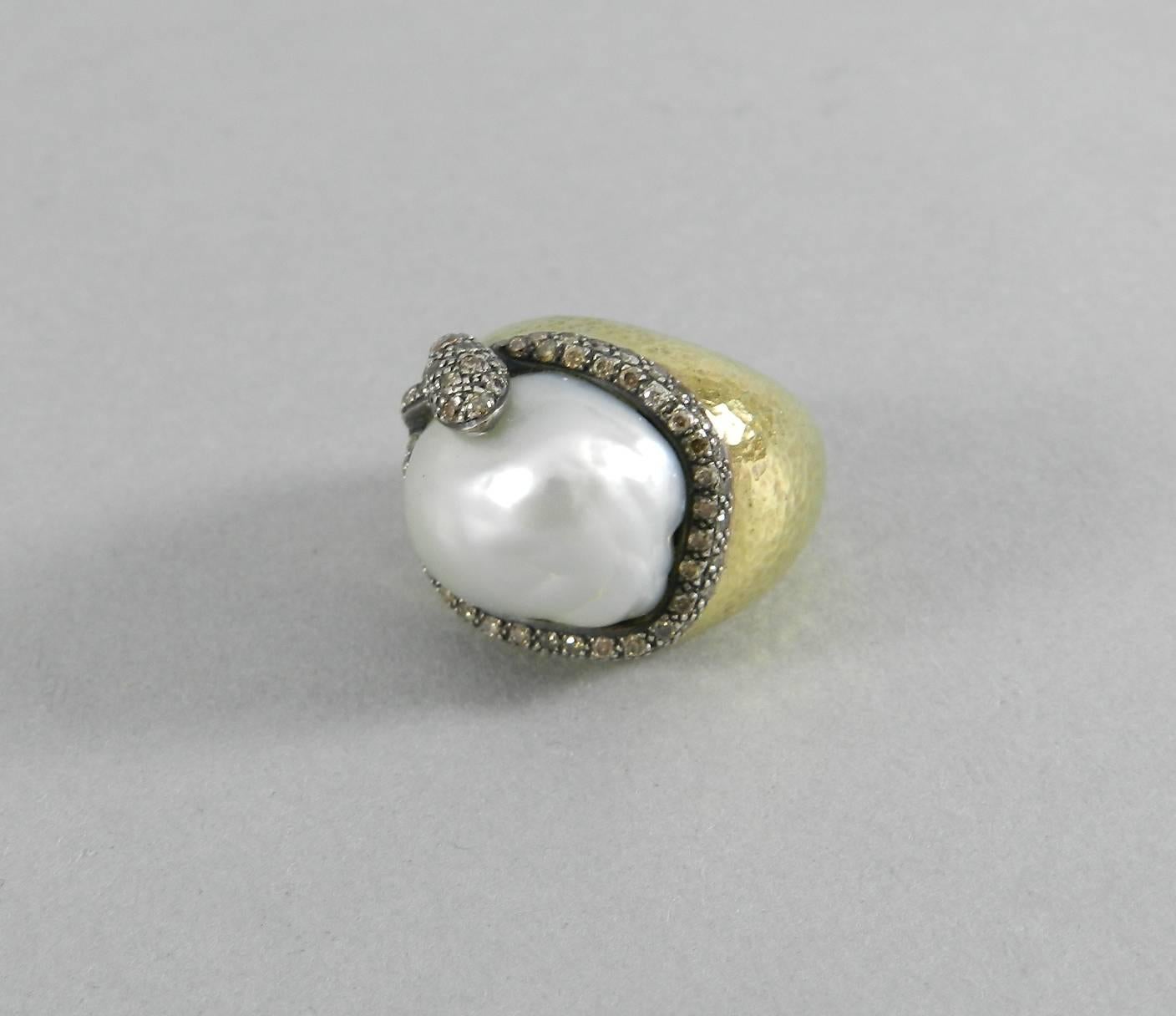 18 Karat Gold Baroque South Sea Pearl Diamond Snake Ring For Sale 5
