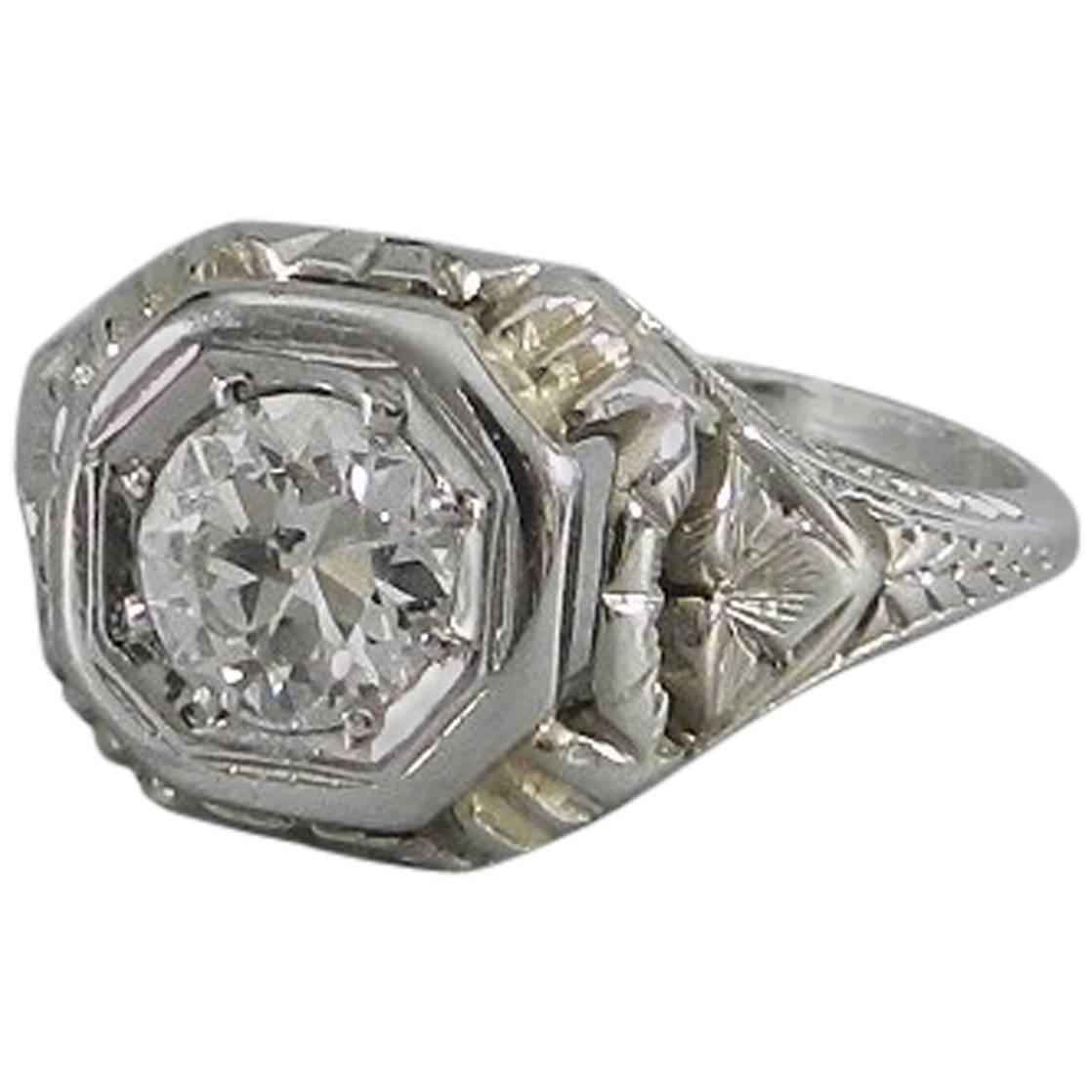 Art Deco 1920s White Gold European Cut Diamond Engagement Ring