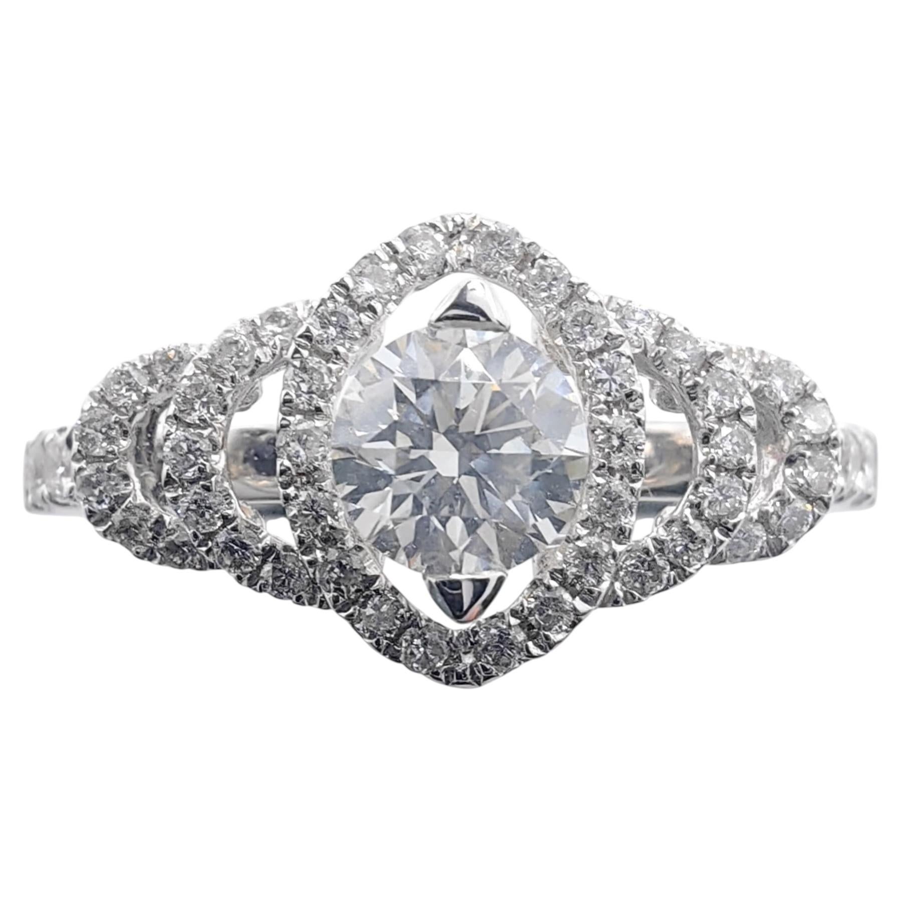 GIA Certified .61 Carat Round Cut Diamond Bridal Cluster 18K White Gold Ring For Sale