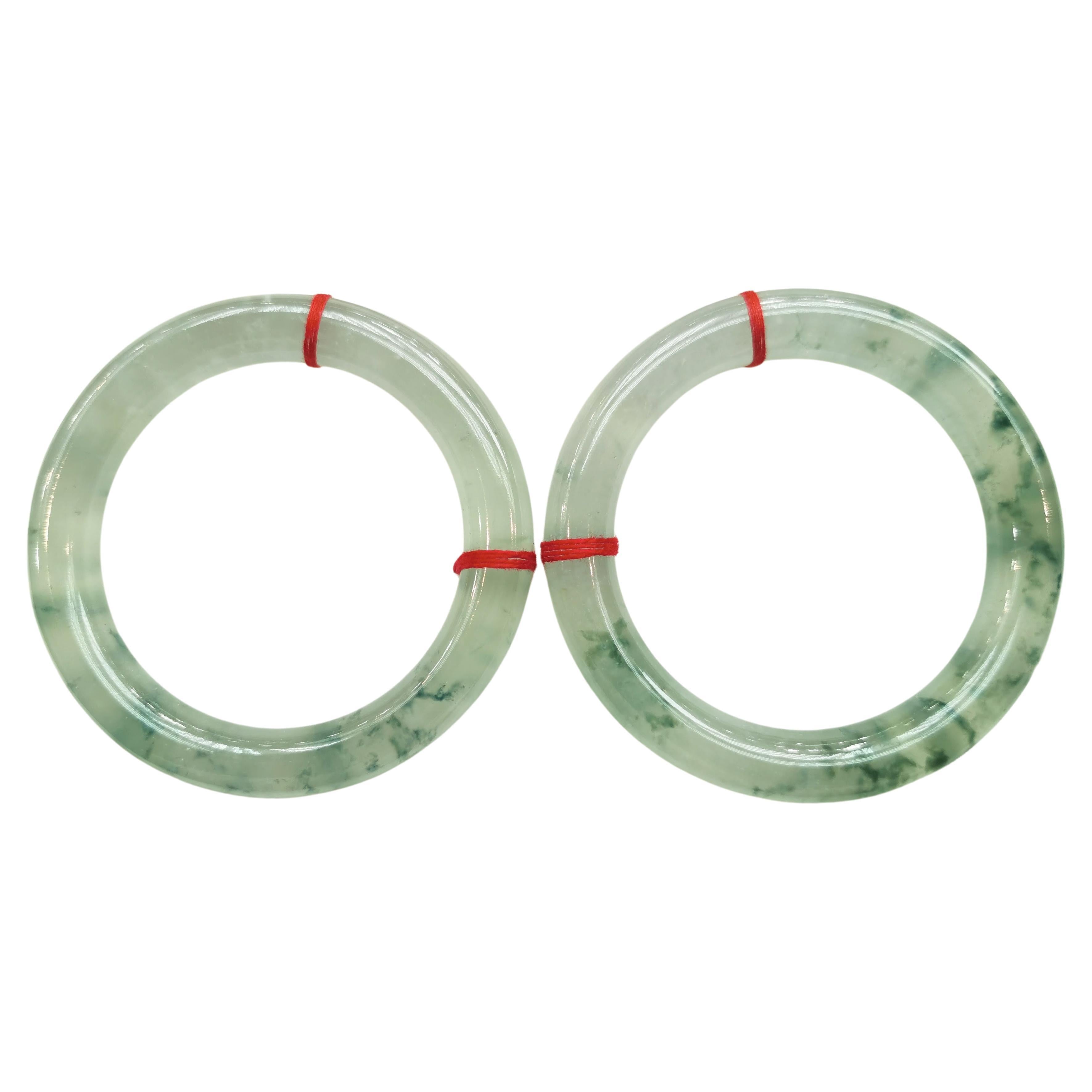 Pair of Glass Type Green Floating Flower Jadeite Jade Bangles