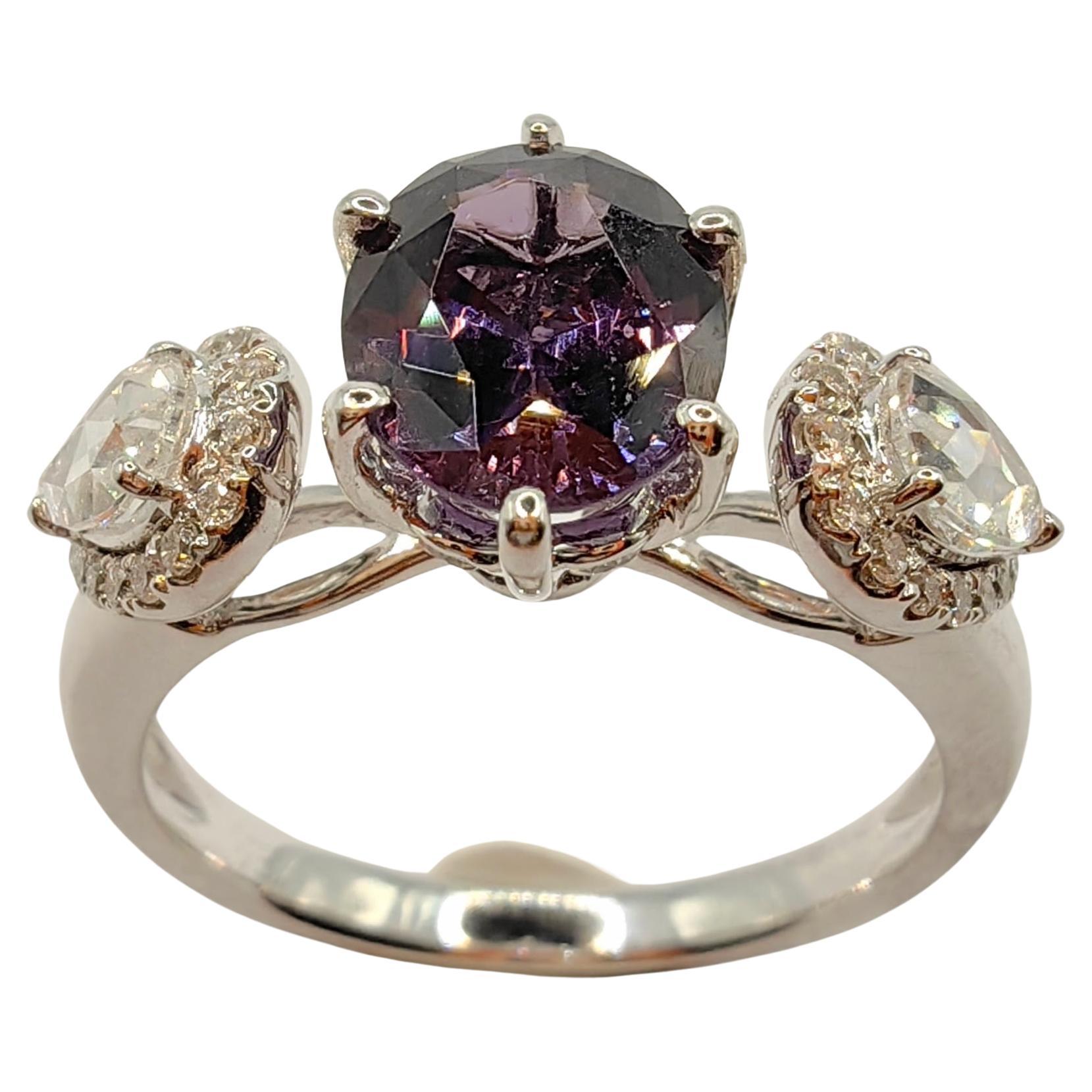 1.19 Carat Oval Cut Purple Spinel Rose Cut Halo Diamond Ring in 18K White Gold