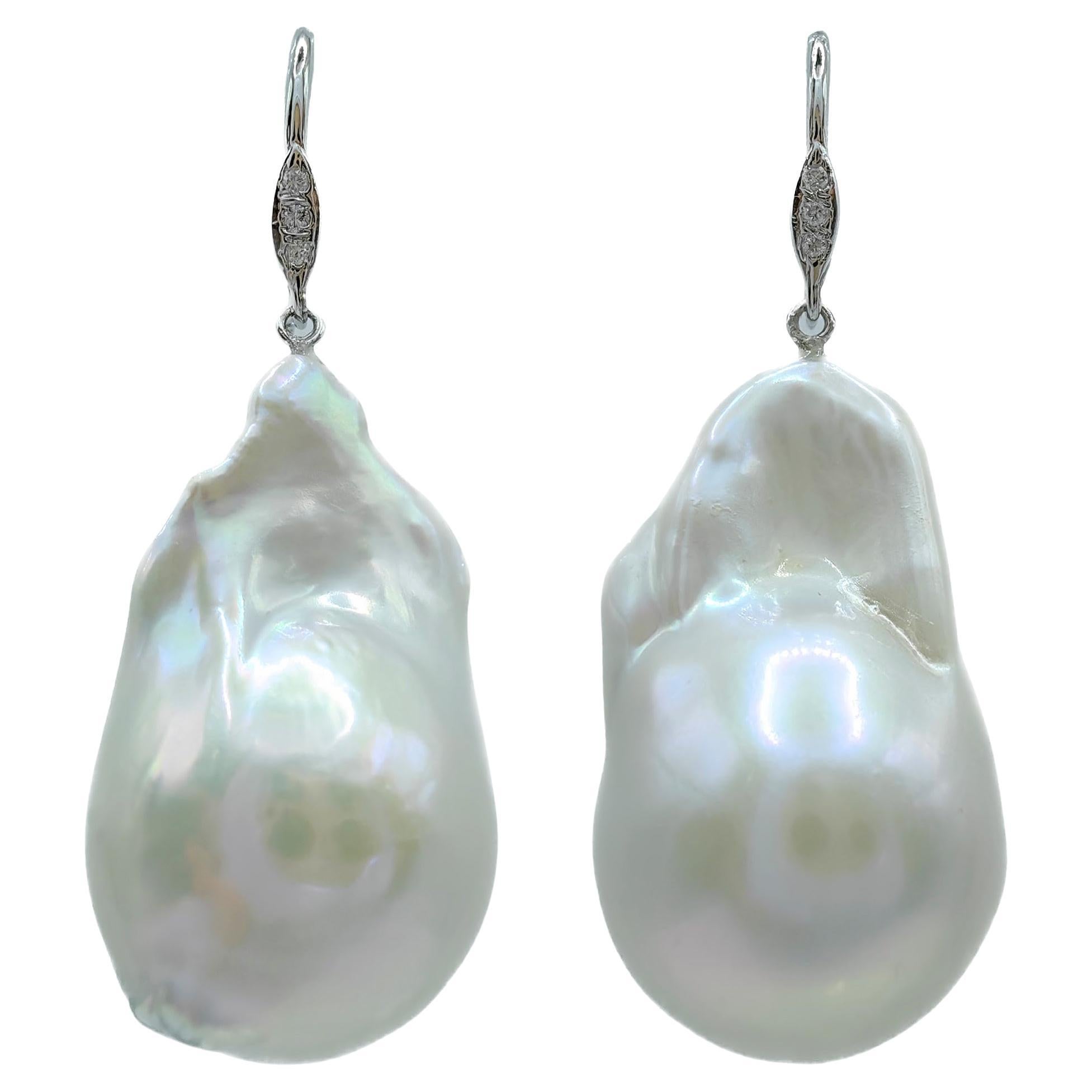 Baroque Pearl Diamond Dangling Drop Earrings With 18K White Gold French Hooks For Sale
