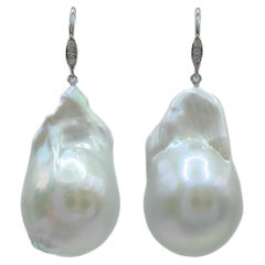 Baroque Pearl Diamond Dangling Drop Earrings With 18K White Gold French Hooks