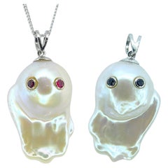Darling Phantom Gemini: Ruby & Sapphire Two-Faced Ghost Pearl 18K Gold Pendant