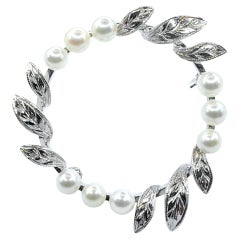 Vintage Sterling Silver Pearl Wreath Brooch with Engraved Leaf Accents