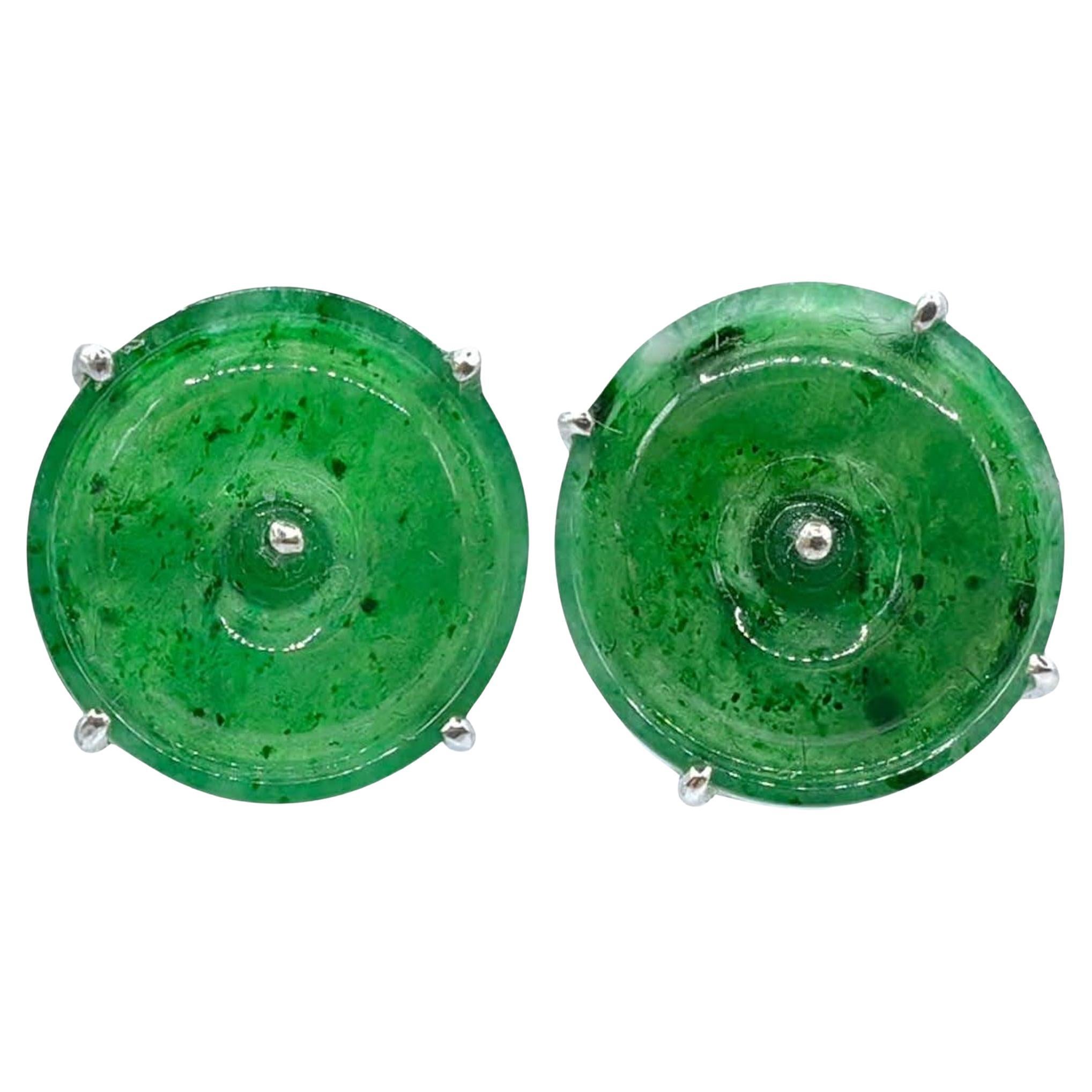 Genuine Burmese Icy Green Donut Peace Jadeite Stud Earrings in 18K White Gold For Sale