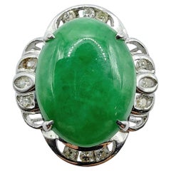 Oval Cabochon Vivid Green Genuine Burmese Jadeite Jade Diamond in 18K White Gold