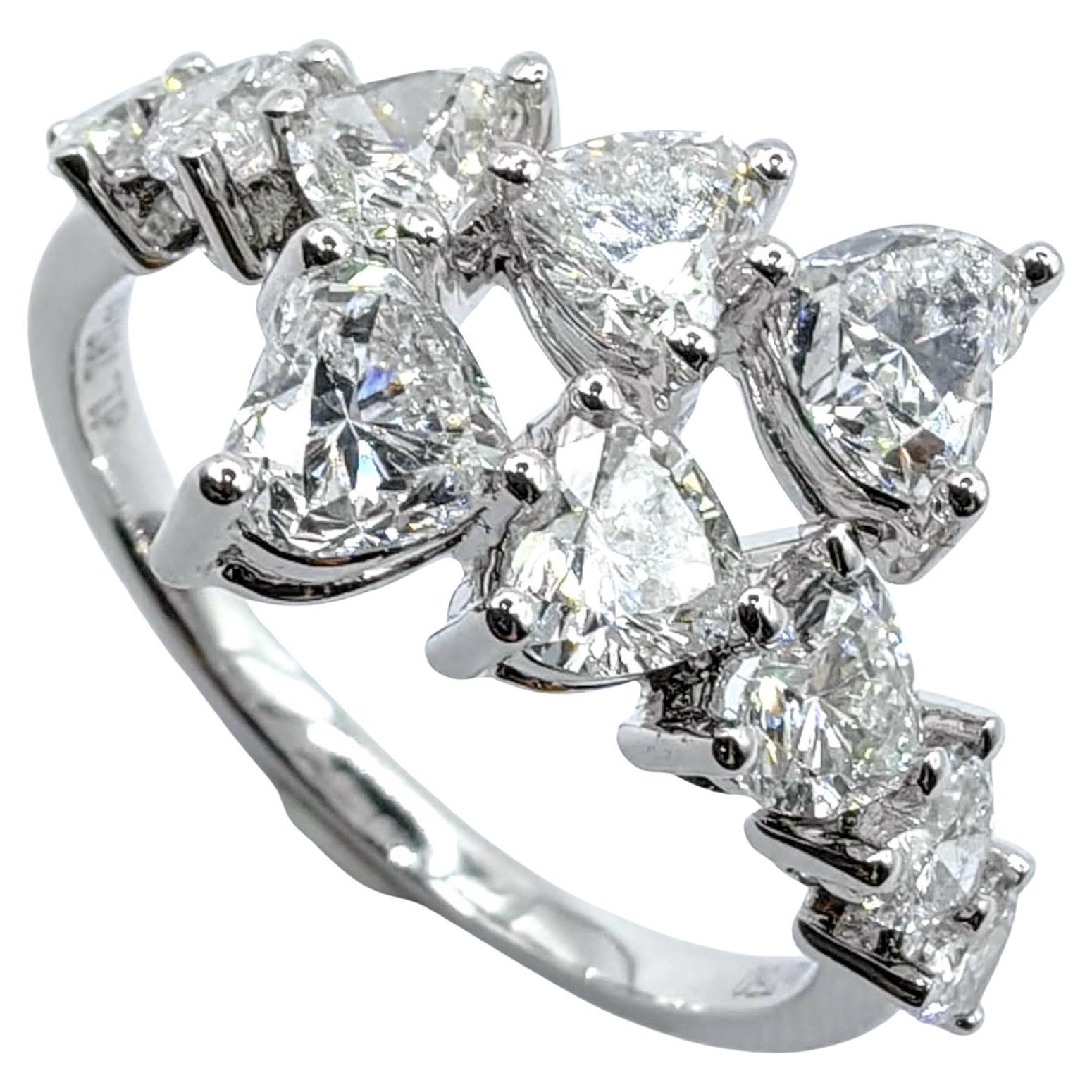 For Sale:  1.77 Carats 10 Heart Cut Diamond Cluster Bypass Ring in 18K White Gold