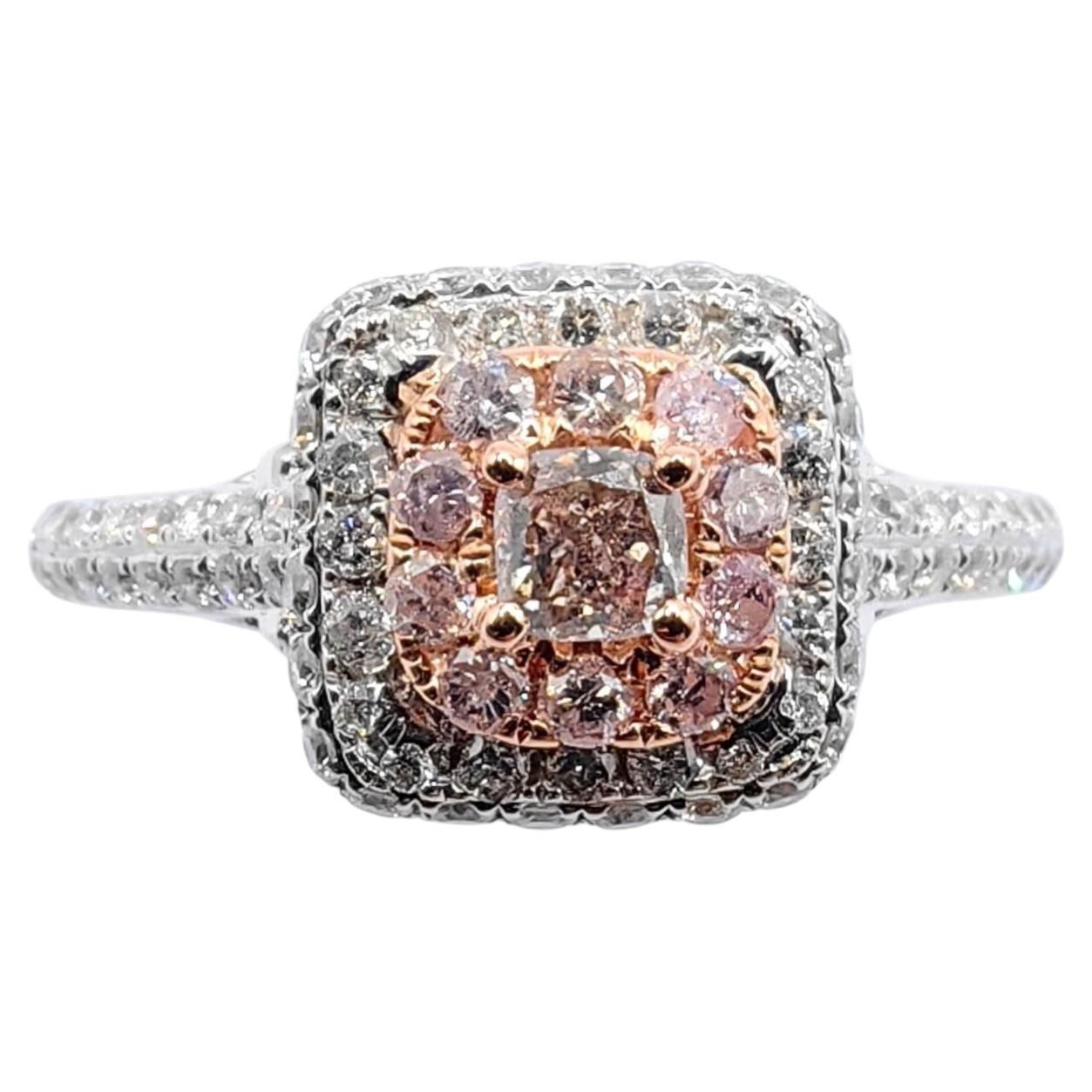 Pink Cushion Cut Diamond Estate Style Halo Engagement Ring 18K White & Rose Gold