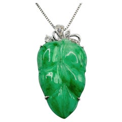 Emerald Green Carved Burmese Jadeite Jade Leaf Diamond Pendant in 18K White Gold