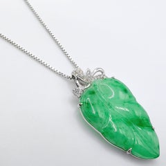 Emerald Green Carved Burmese Jadeite Jade Leaf Diamond Pendant in 18K White Gold