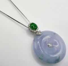 Icy Lavender & Emerald Green Jadeite Jade Solid Pi Disc Pendant 18K White Gold