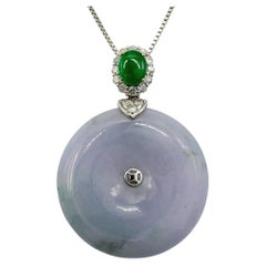 Icy Lavender & Emerald Green Jadeite Jade Solid Pi Disc Pendant 18K White Gold