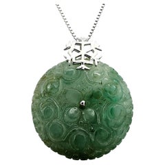 Lake Green Carved Burmese Jadeite Jade Pi Disc Pendant in 18K White Gold