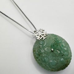 Lake Green Carved Burmese Jadeite Jade Pi Disc Pendant in 18K White Gold