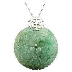 Lake Green Carved Burmese Jadeite Jade Pi Disc Pendant in 18K White Gold